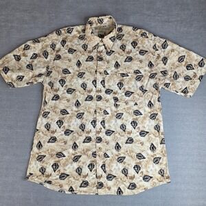 Munsingwear Button Down Shirt Mens Medium Tan Blue Leaf Print Excellent Cotton